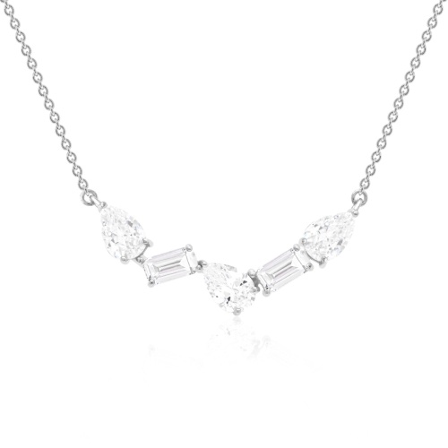 Small Pear Baguette Drop Necklace Rhodium Plated